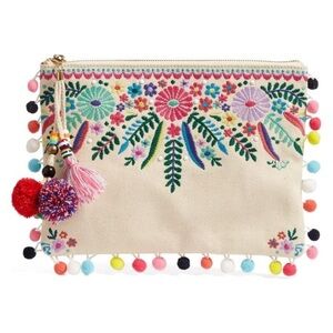 Steven By Steve Madden Jyme Colorful Embroidered Pom Pom Clutch Pouch Natural